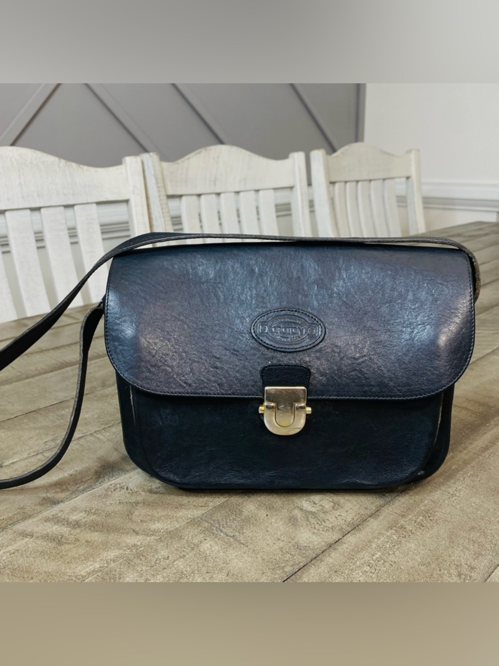 Vintage Oroton Black Leather Crossbody Bag Gold Push-Lock Satchel